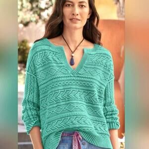 Women’s Sundance Rita Teal Cotton Easy Cable Knit Sweater Size Small